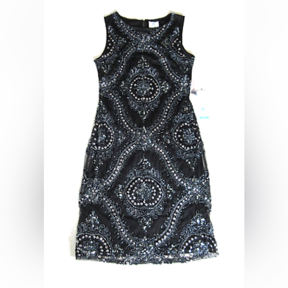 Patra Black Gunmetal Sleeveless Baroque Beaded Mesh Sheath Dress 10